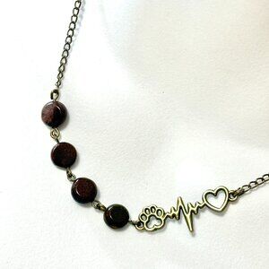 2/$20,Red-brown Inclusion Quartz Paw Print Heart Beat Mismatched Bronze Necklace